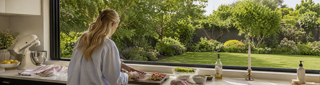 Woman preparing healthy food in a sunlit kitchen