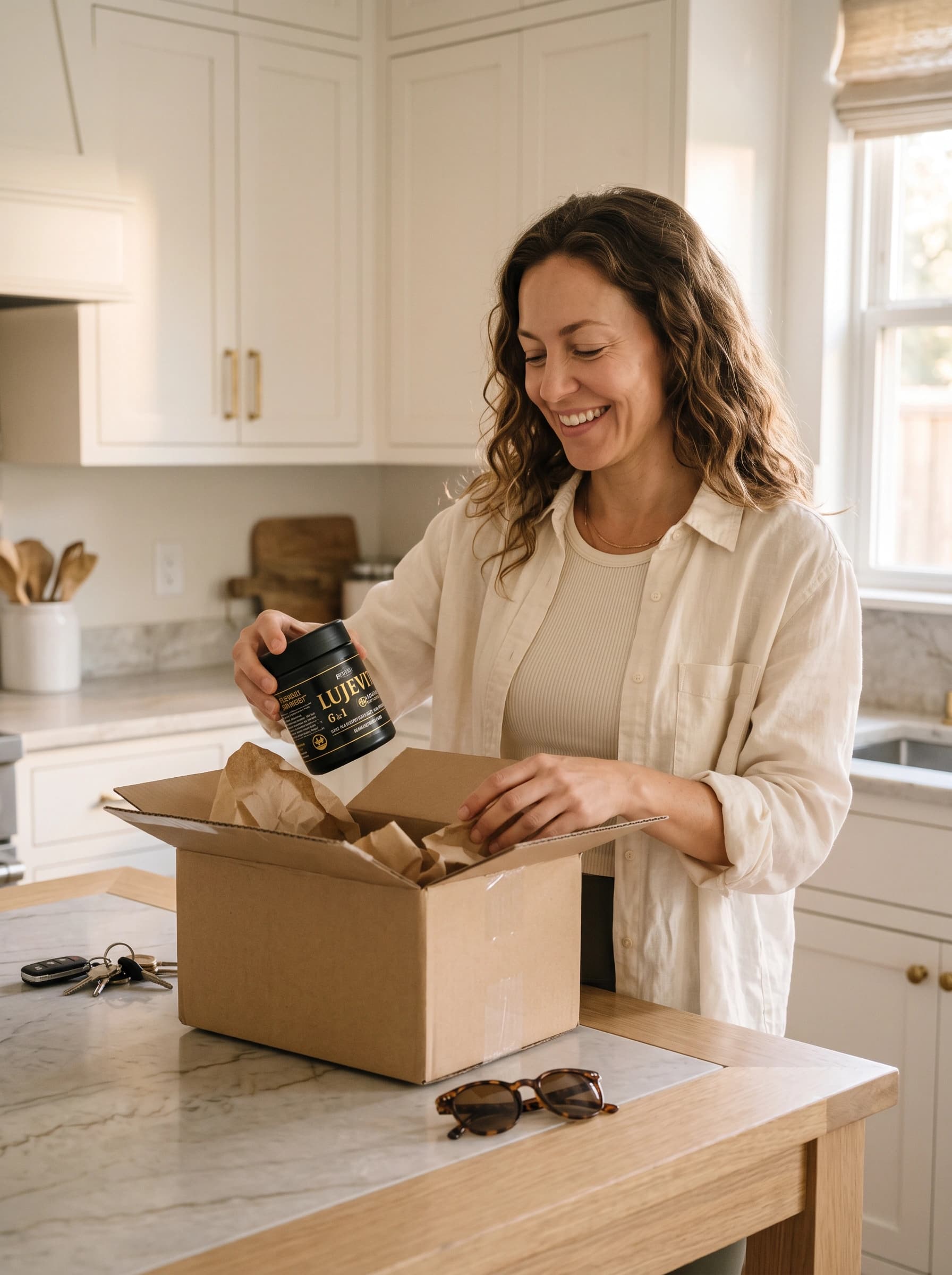 Woman unpacking her Lujevit order in a bright kitchen