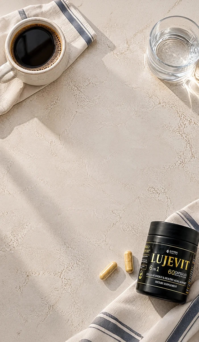 Lujevit bottle and two capsules beside coffee and a glass of water