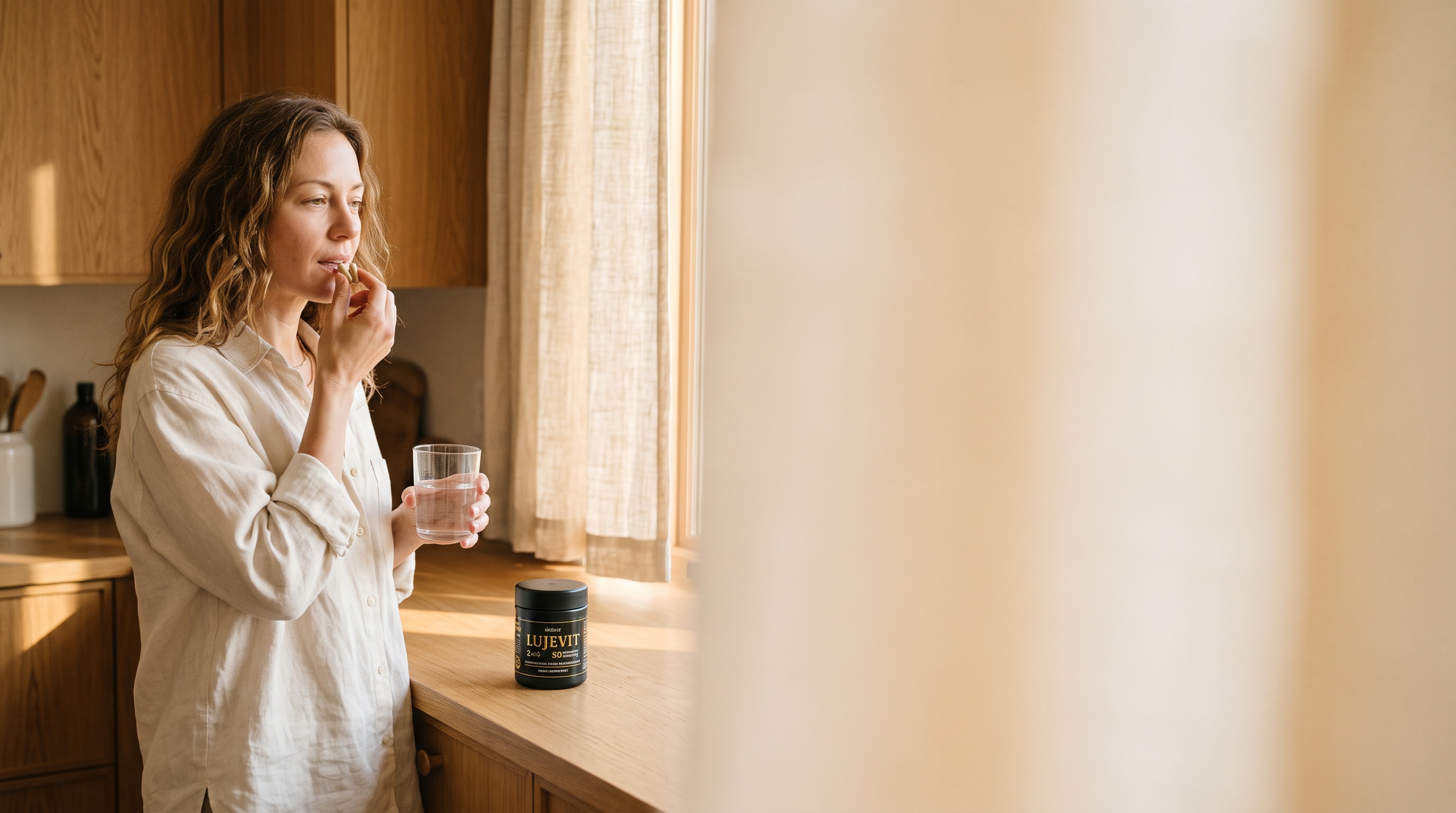 Woman taking Lujevit with water beside a sunlit kitchen window