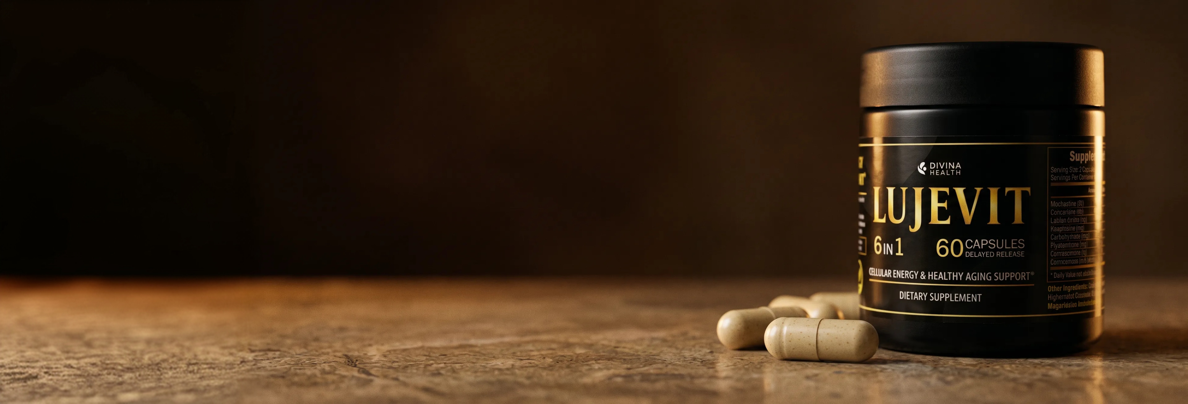 Lujevit bottle and capsules on a warm stone surface
