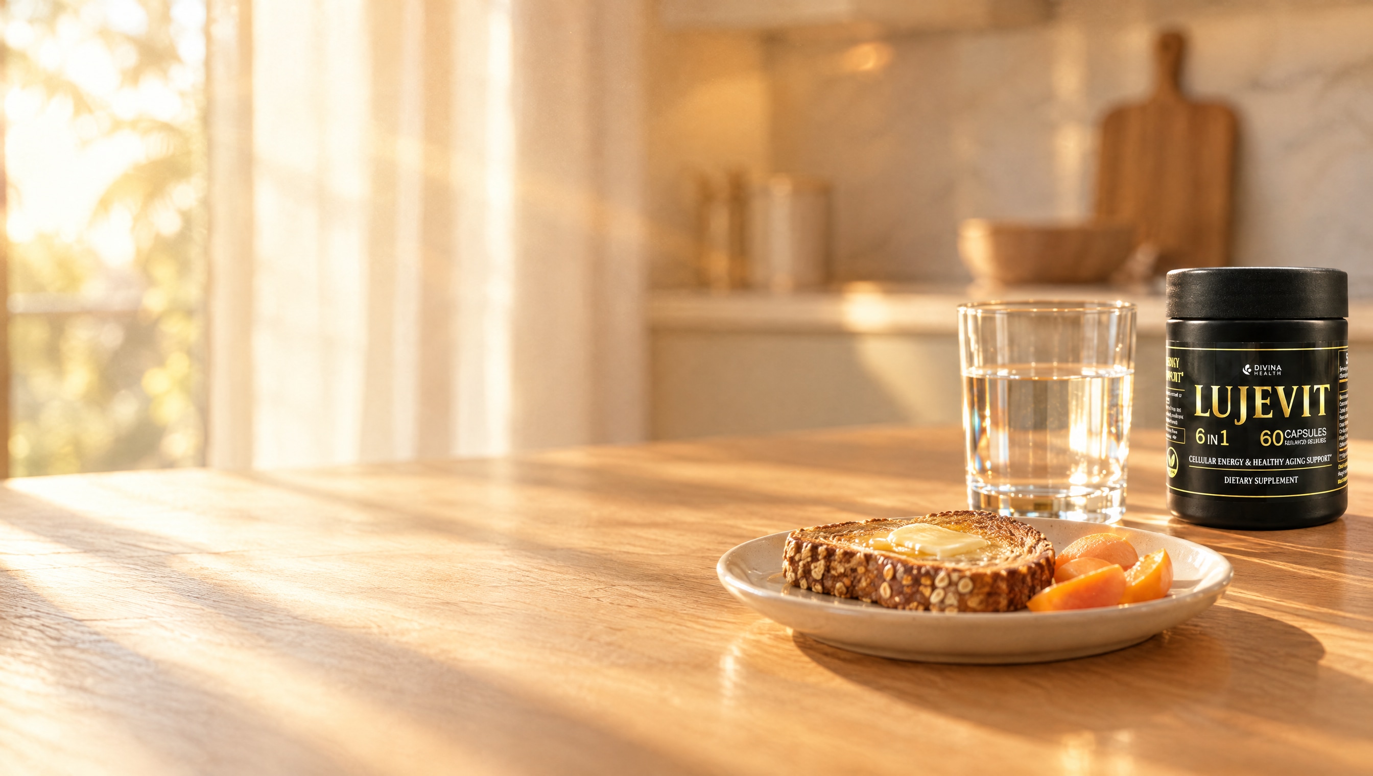 Lujevit bottle beside water and breakfast in the morning sunlight