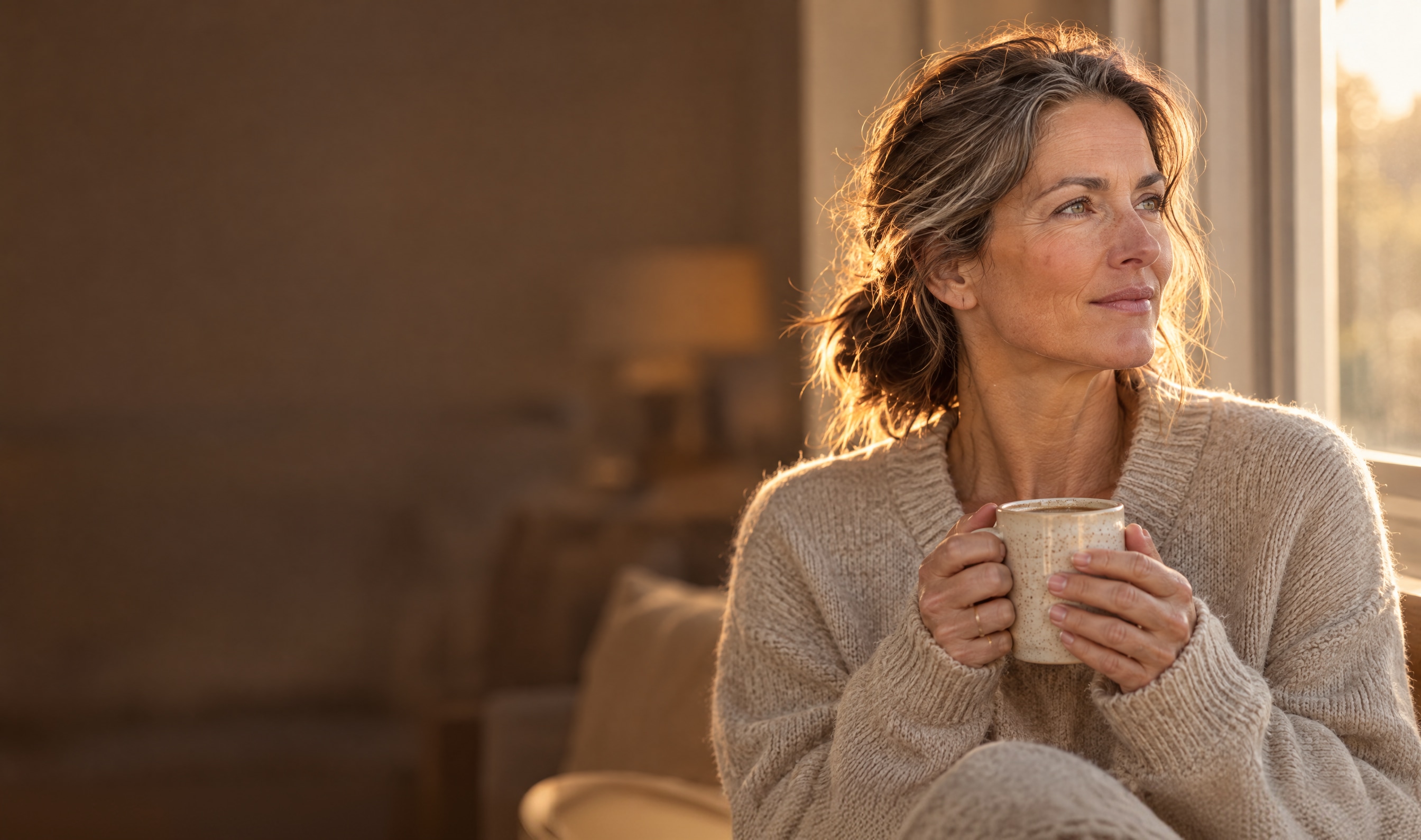Woman holding a mug in the warm morning light