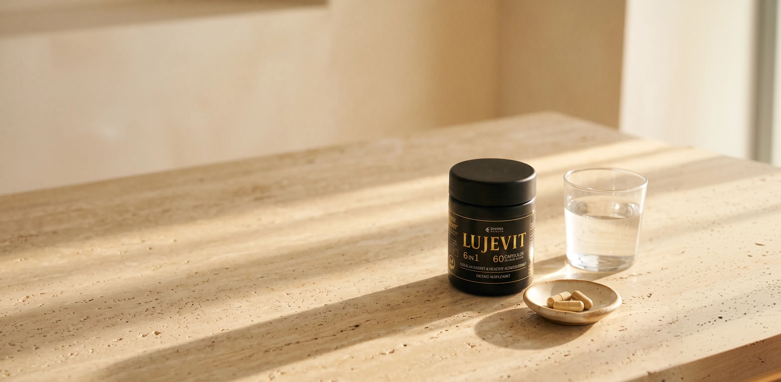 Lujevit bottle, two capsules and a glass of water on a sunlit table