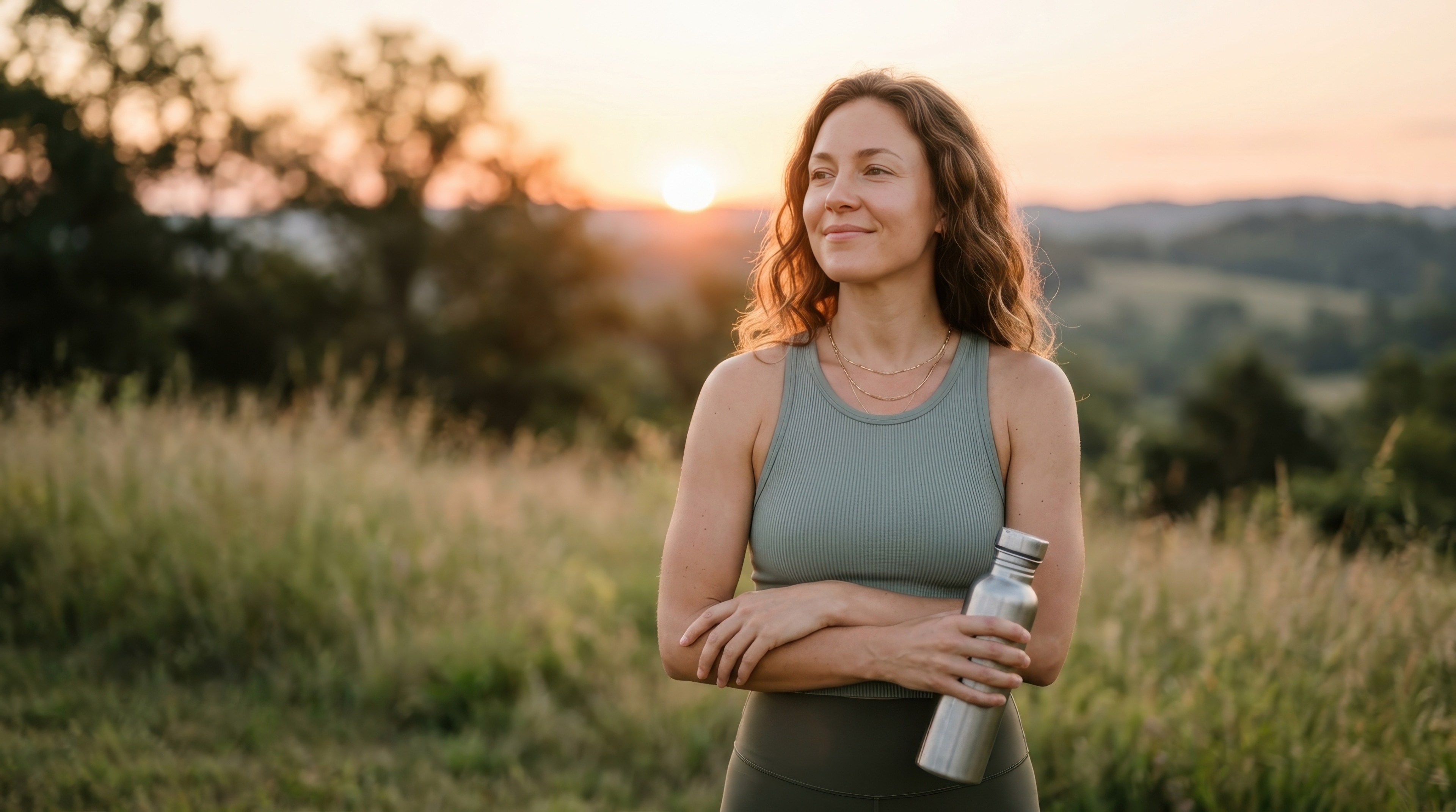 Woman holding a water bottle outdoors at sunset