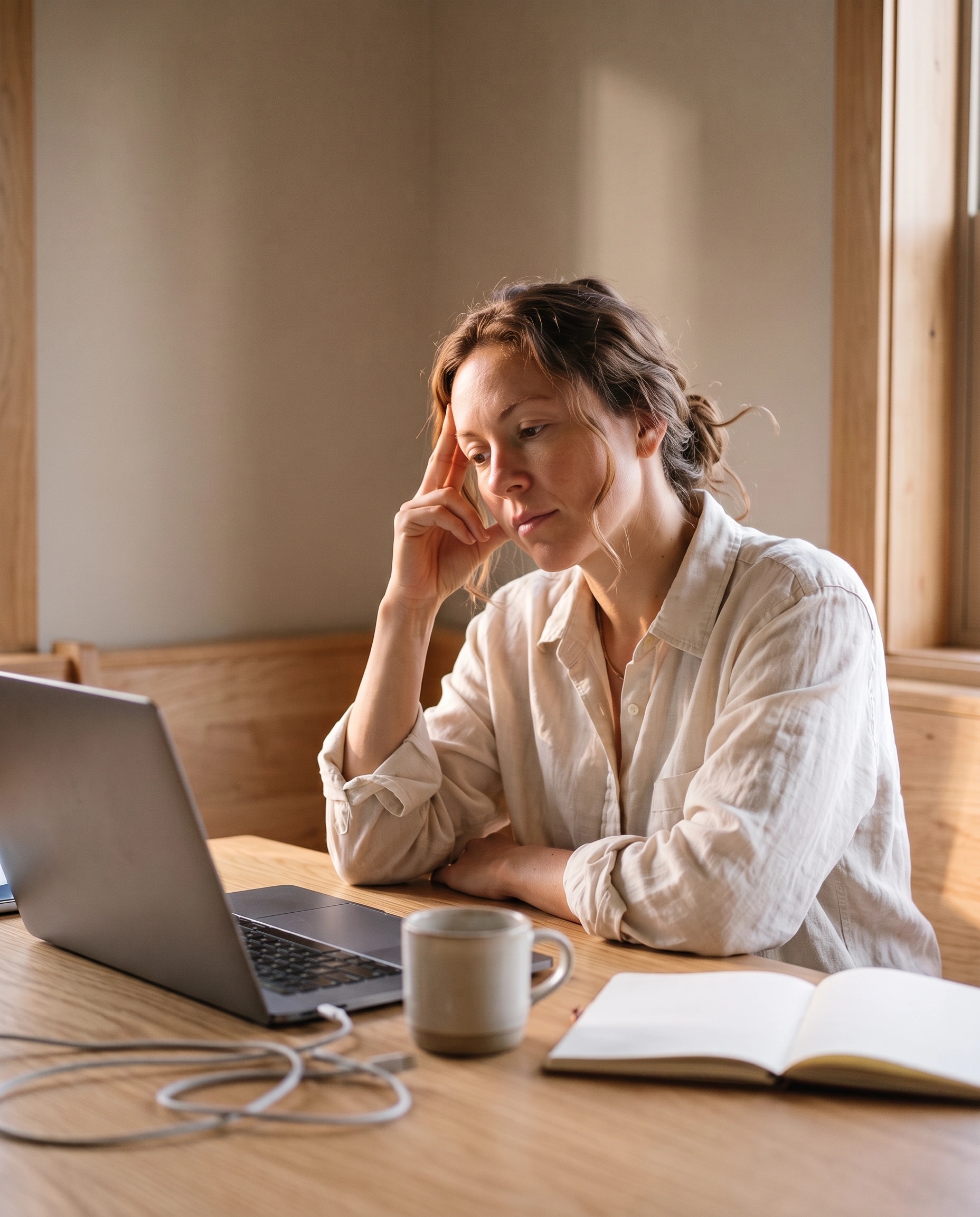 Woman taking a break from working at her laptop