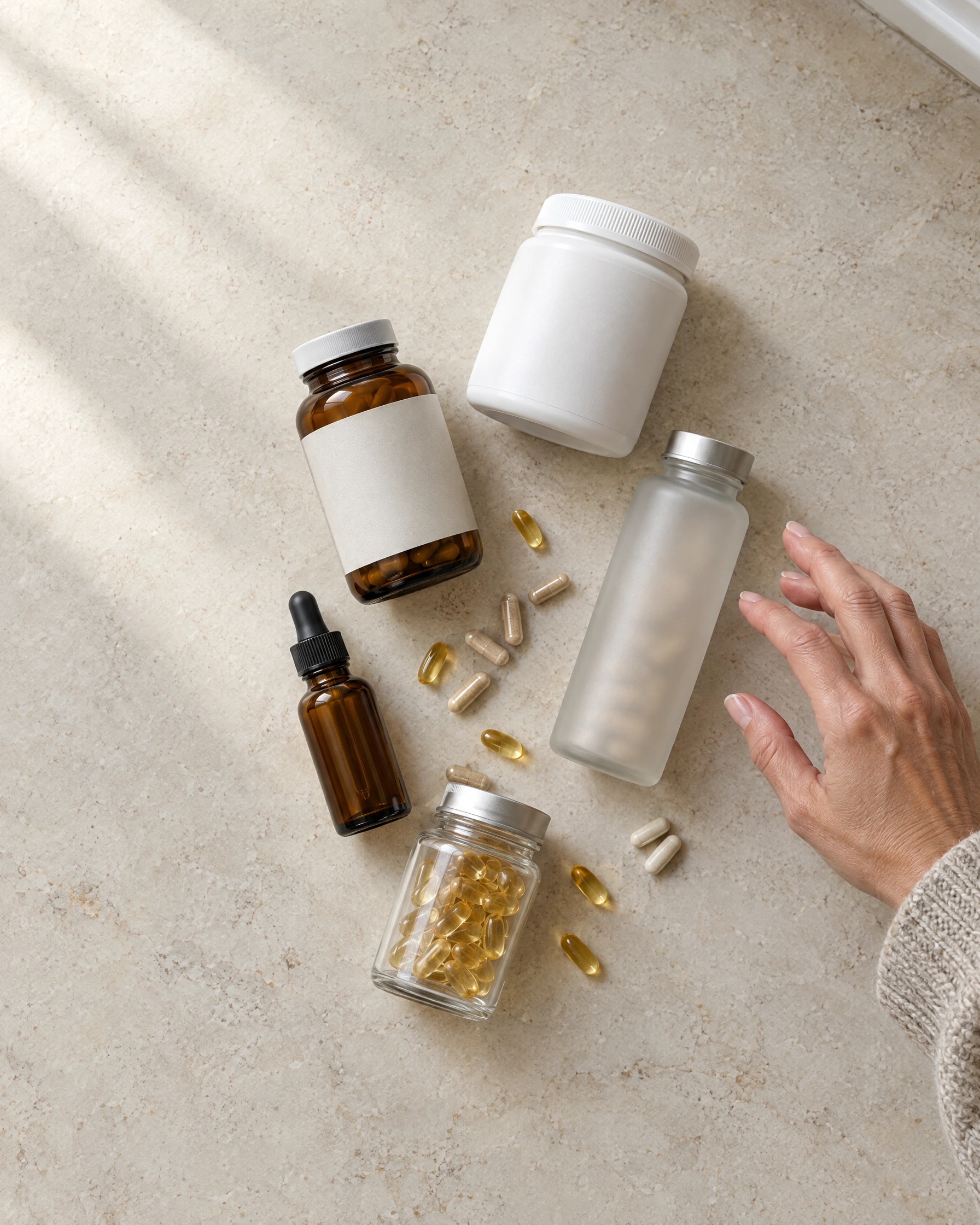 Several supplement bottles and capsules on a counter