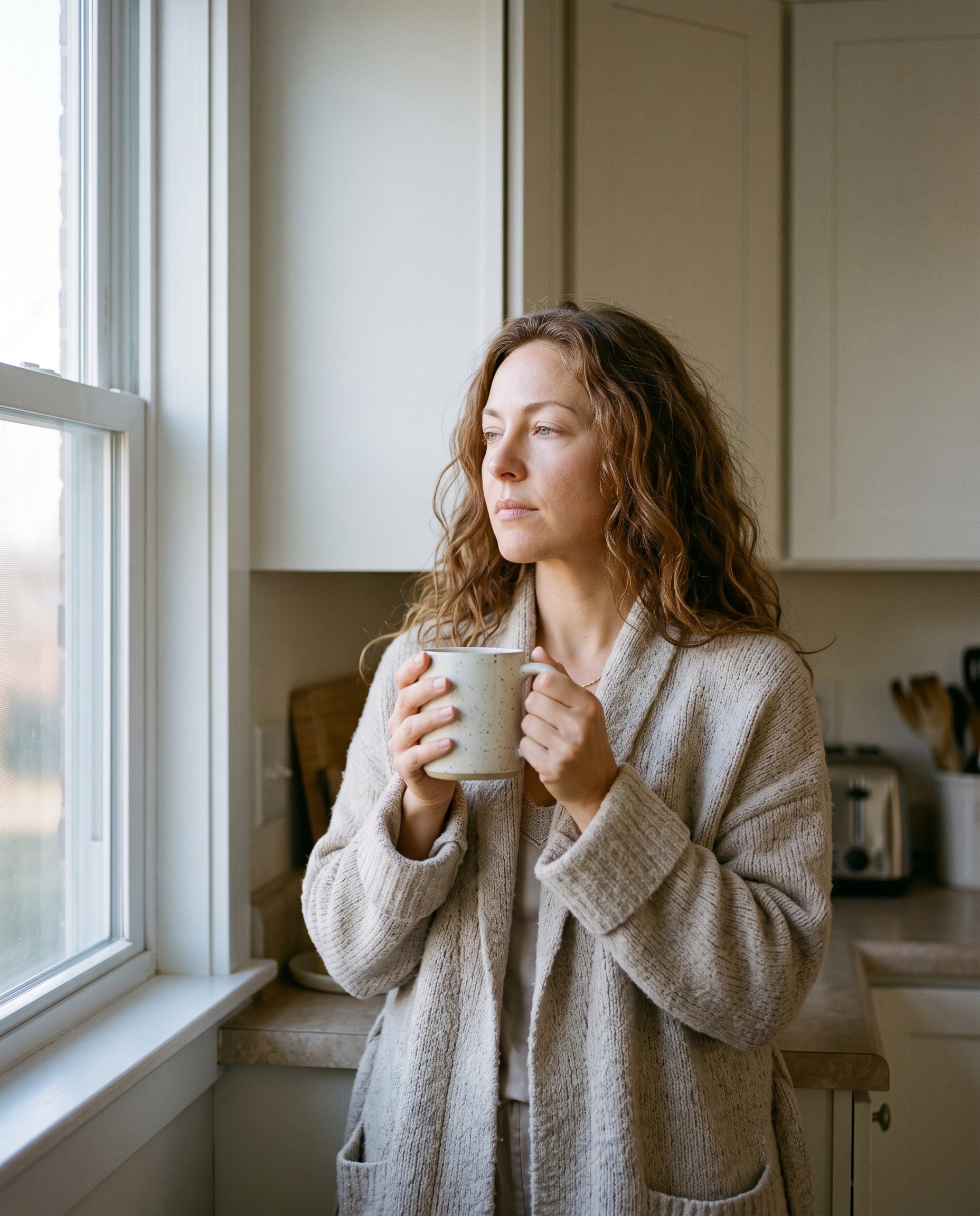 Woman holding her morning coffee by a window