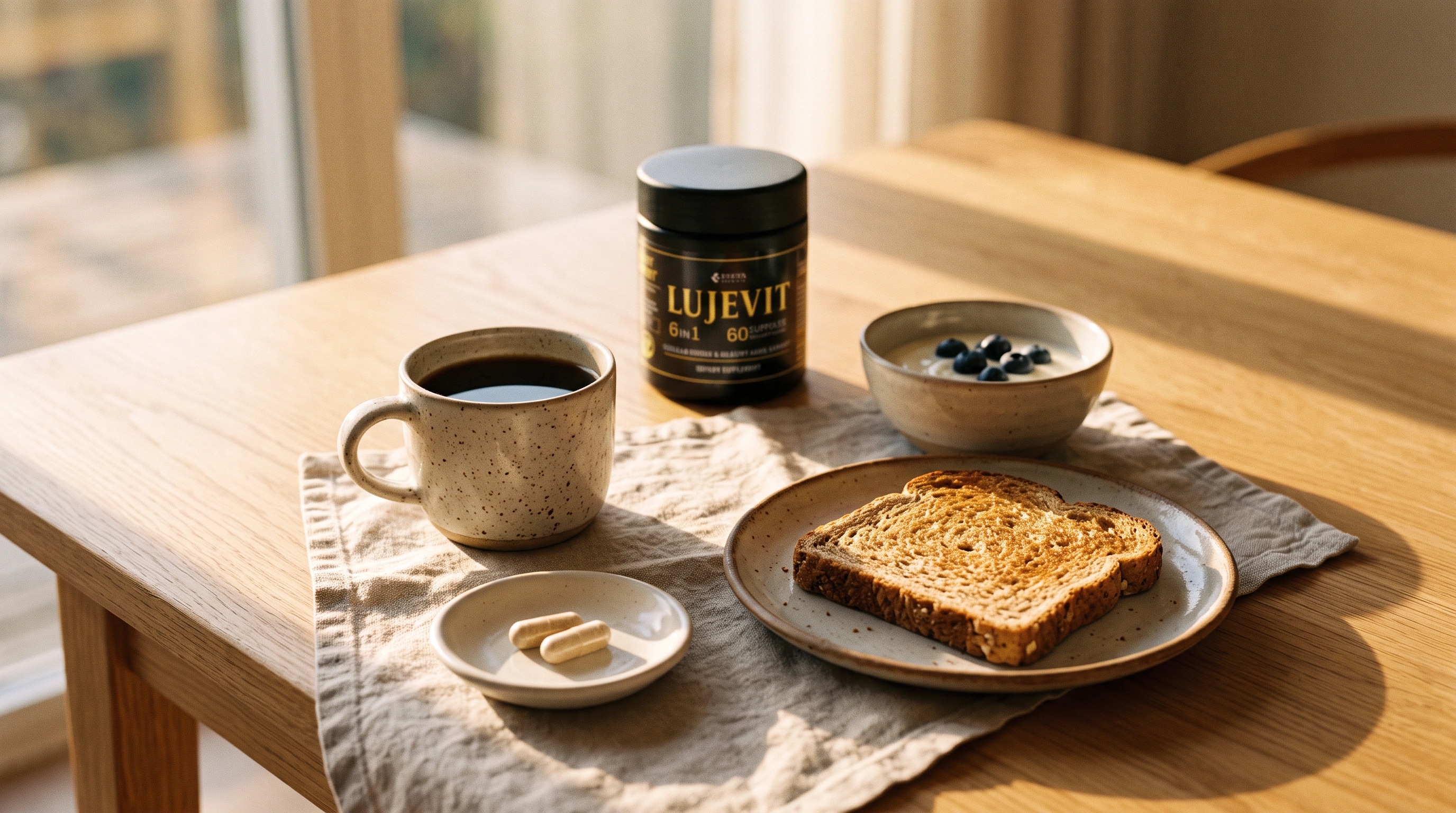 Lujevit with coffee, toast and blueberries on a breakfast table