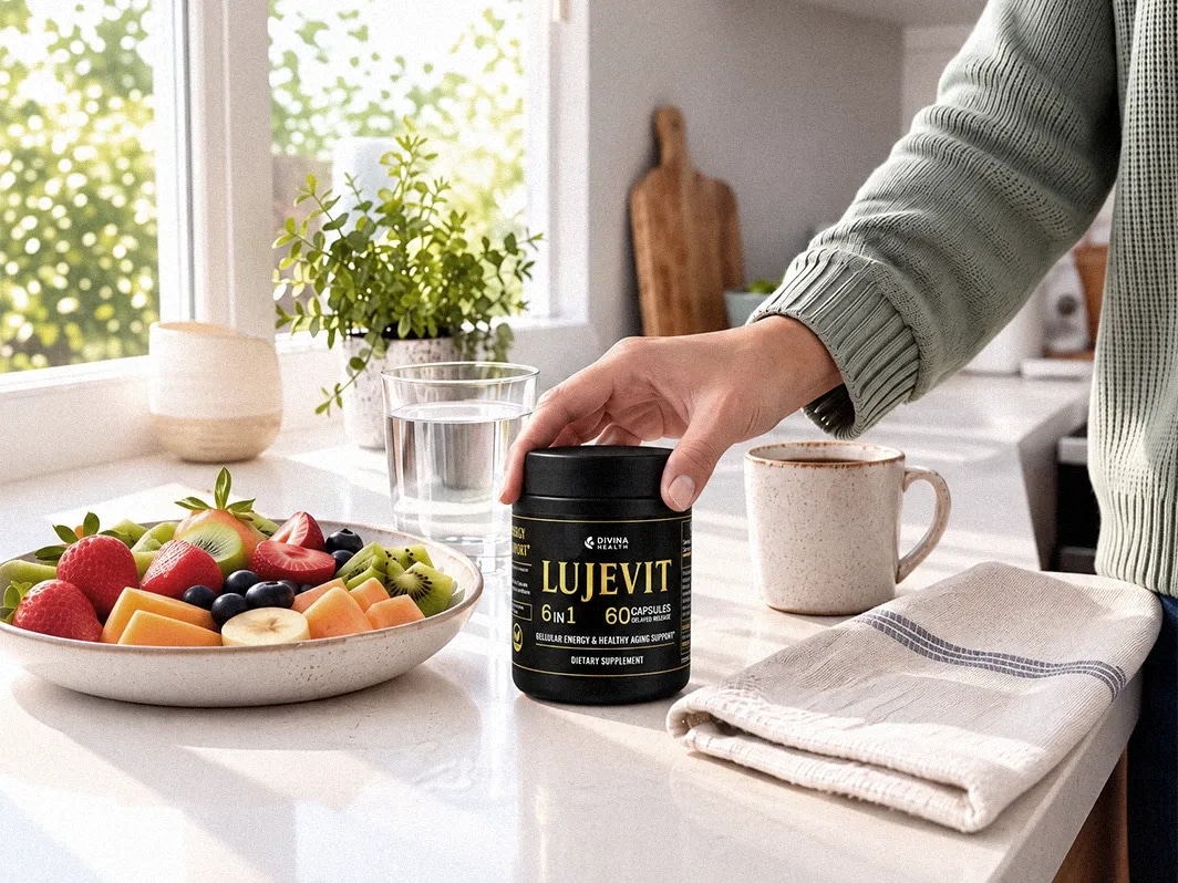 Lujevit beside coffee, water and breakfast in a morning routine