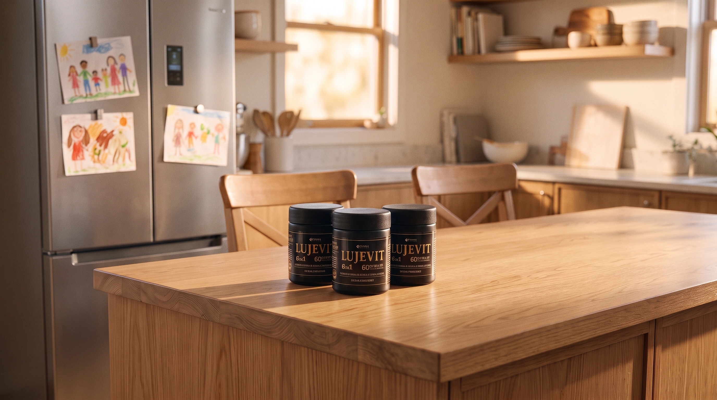 Three Lujevit bottles on a warm kitchen island