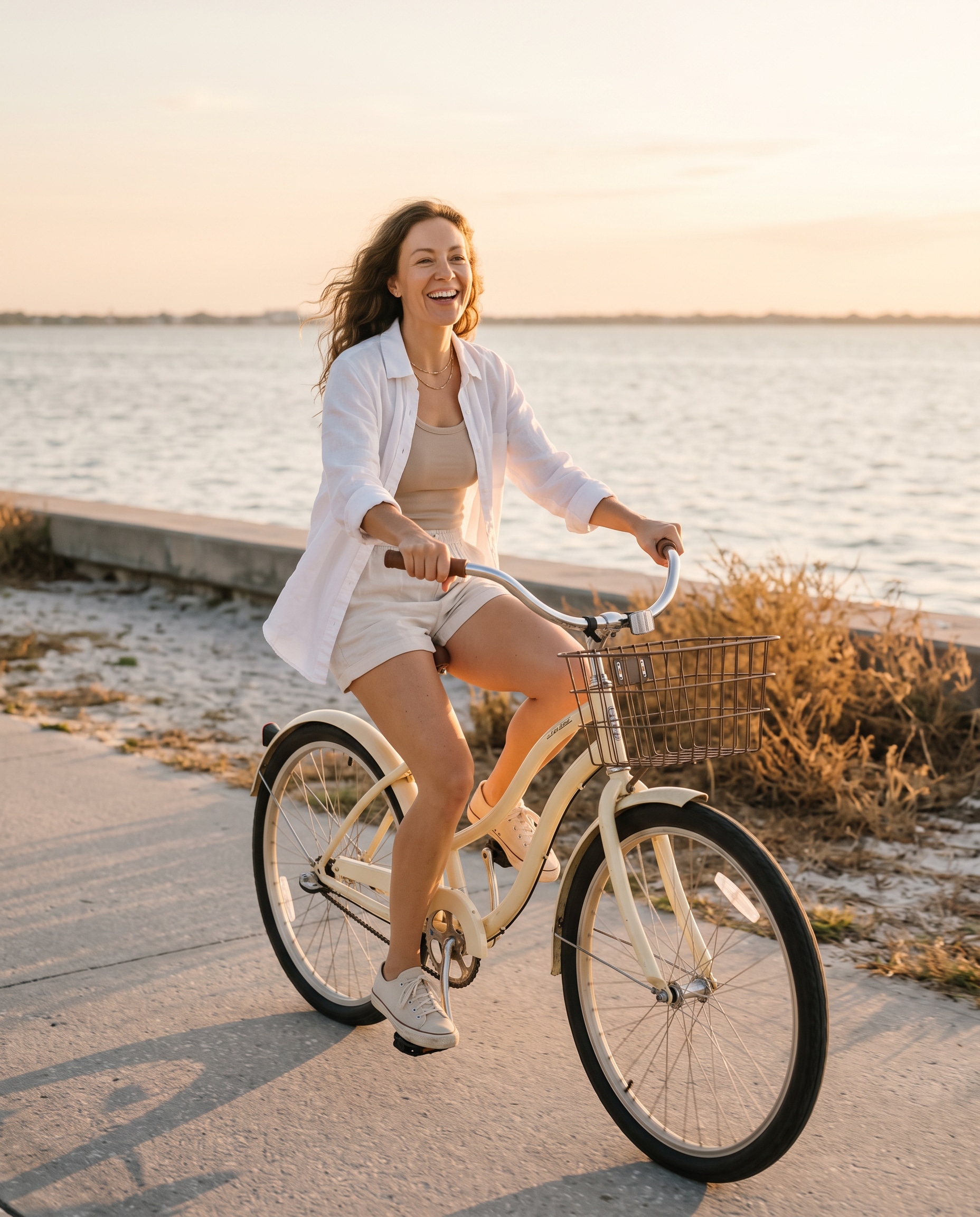 Healthy aging Woman riding a bicycle beside the water at sunset