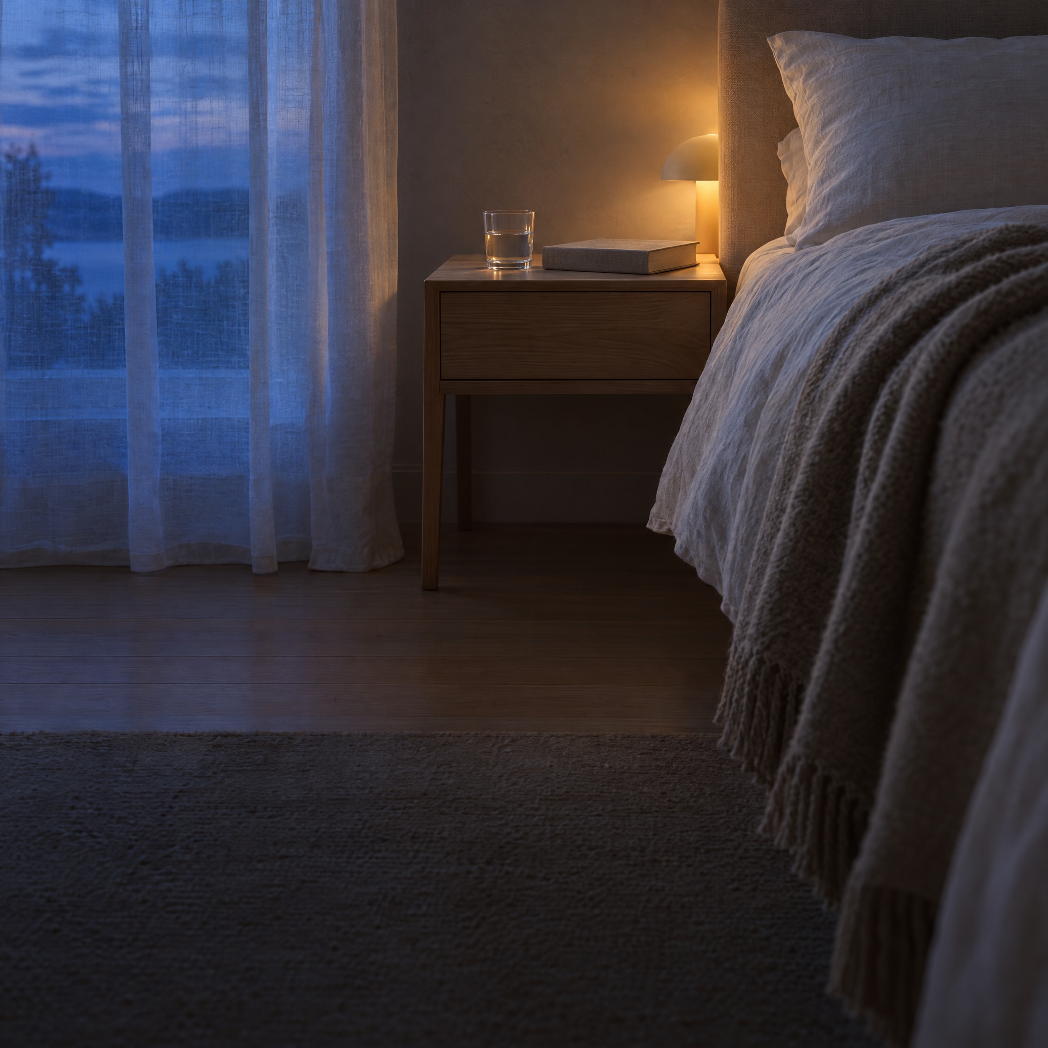 No stimulants A quiet bedroom with a warm bedside lamp at dusk