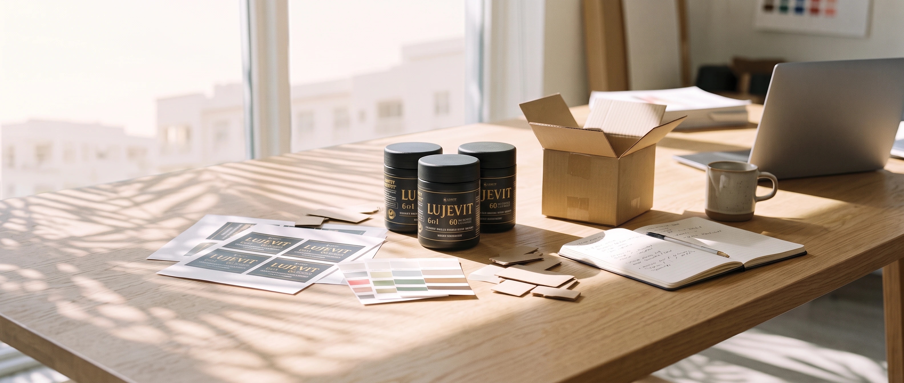 Lujevit bottles and product planning materials on a sunlit workspace