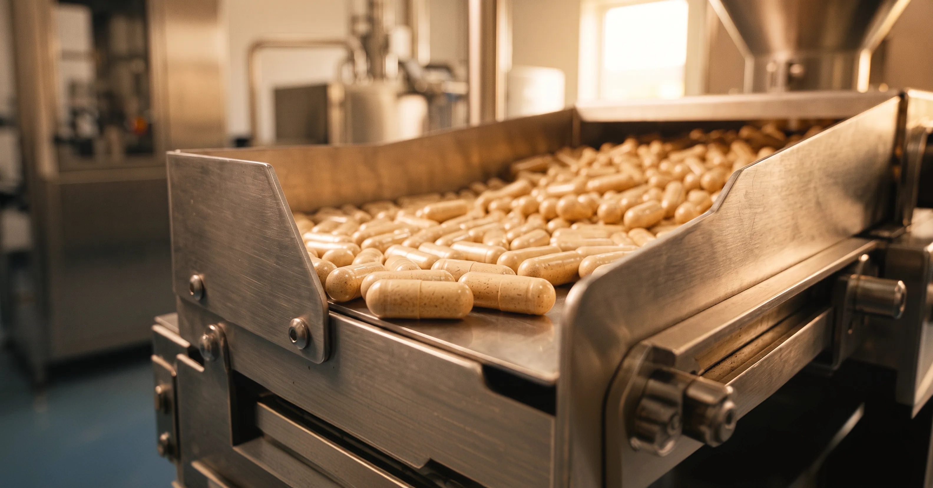 Supplement capsules on a manufacturing production line