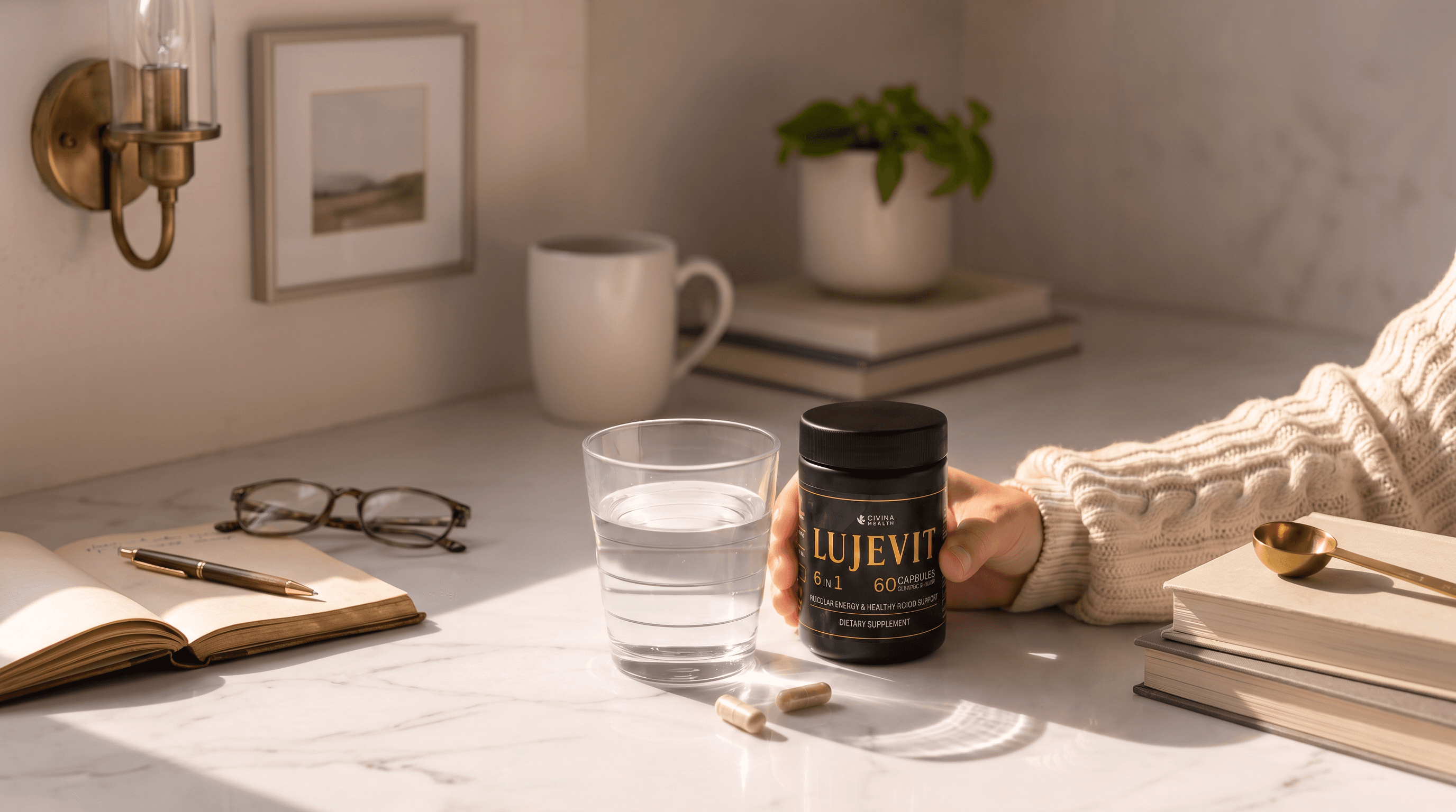 Get to know Lujevit on Instagram Lujevit supplement bottle beside a glass of water and an open notebook