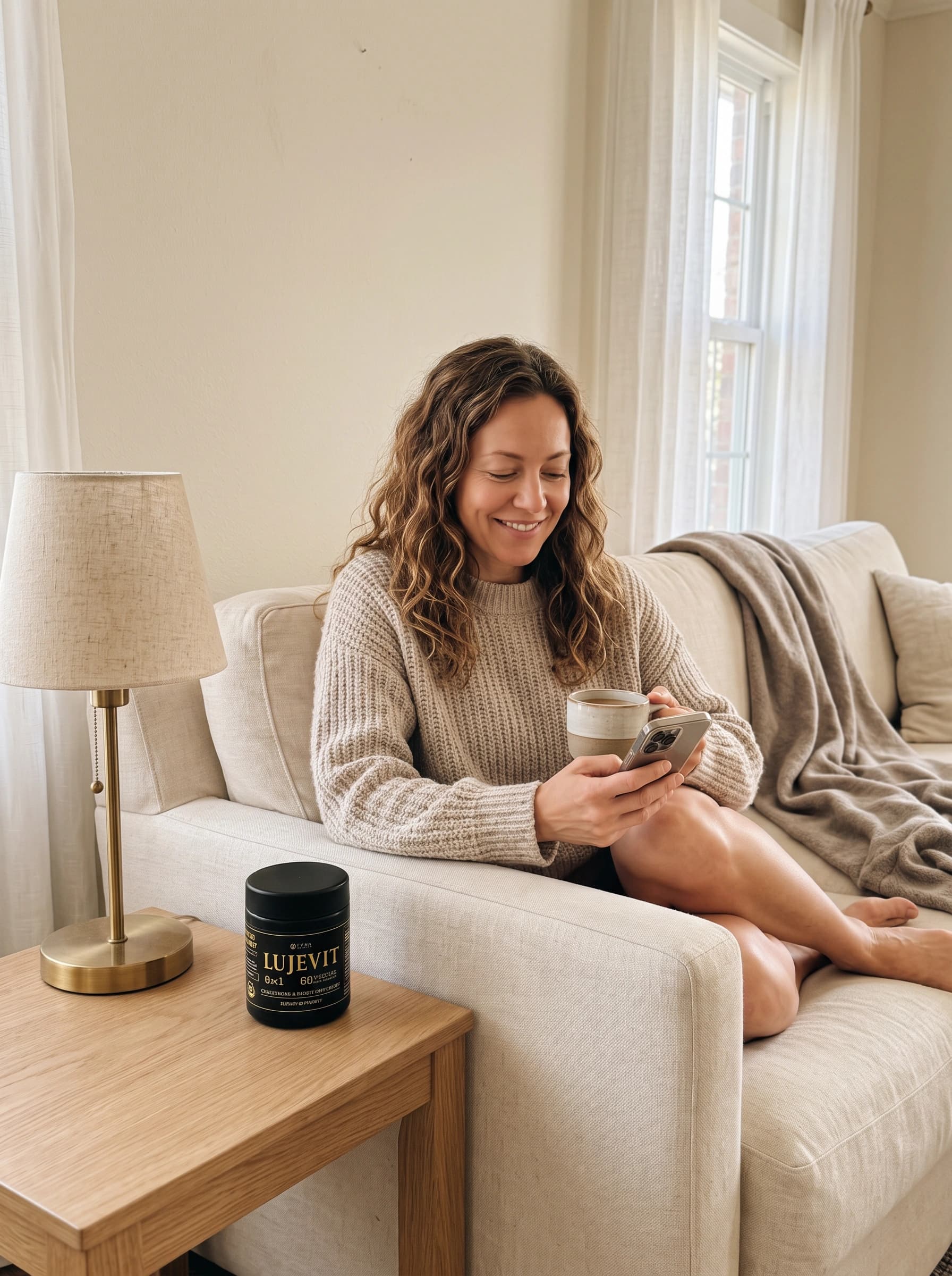 Woman checking her phone with a cup of coffee and Lujevit beside her Woman checking her phone with a cup of coffee and Lujevit beside her