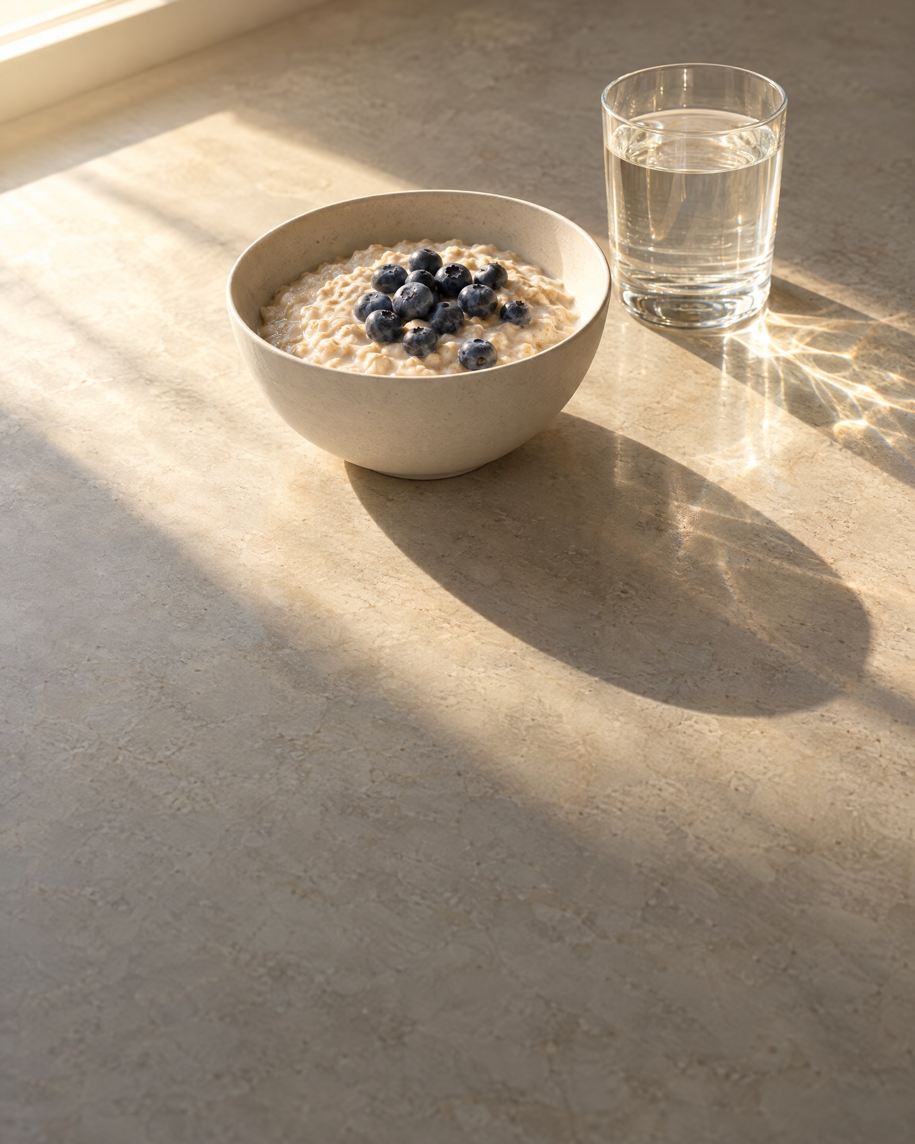 Cellular energy production Oatmeal with blueberries and a glass of water in morning sunlight