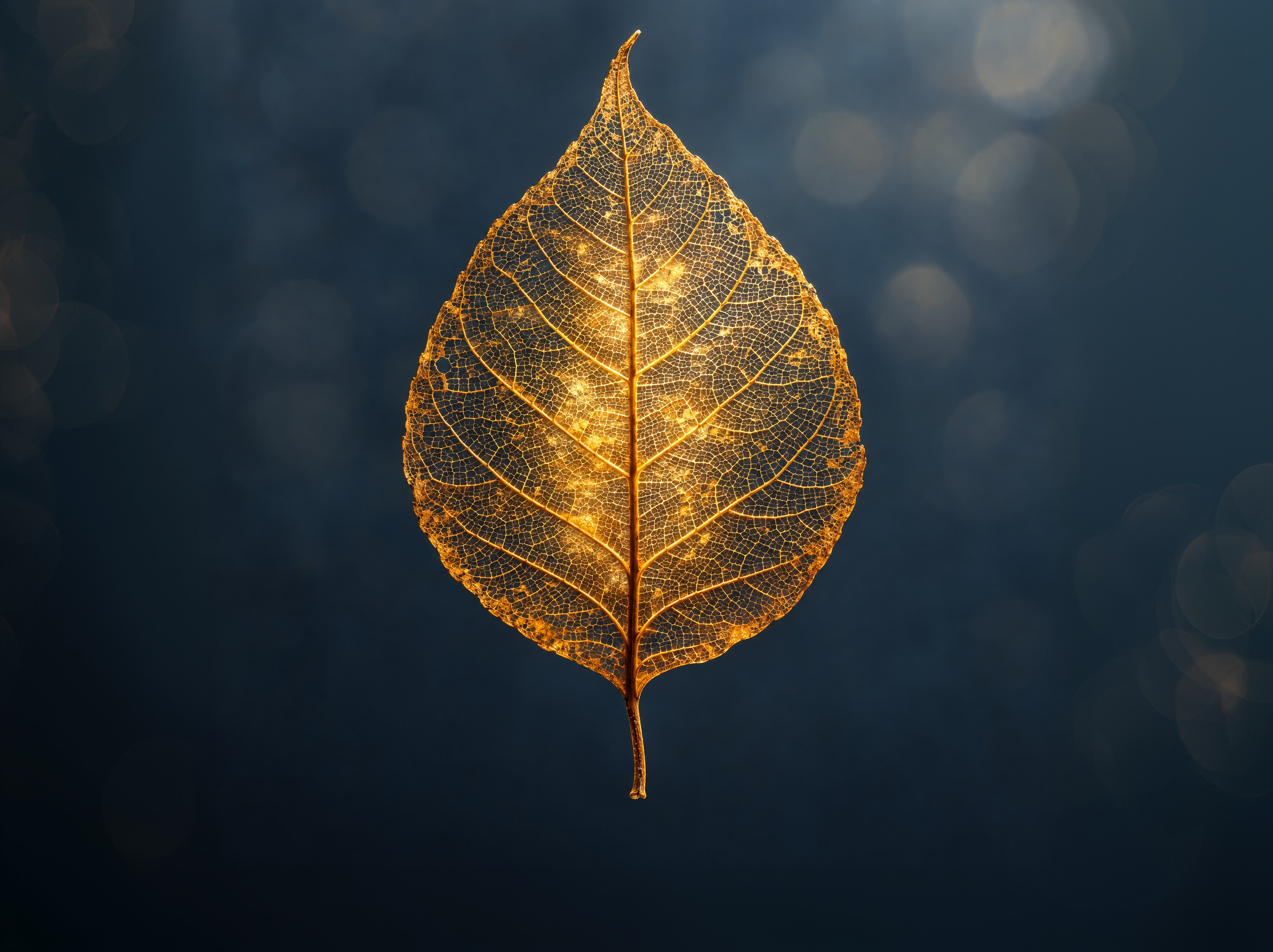 Mitochondrial function Golden leaf with delicate veins against a dark blue background