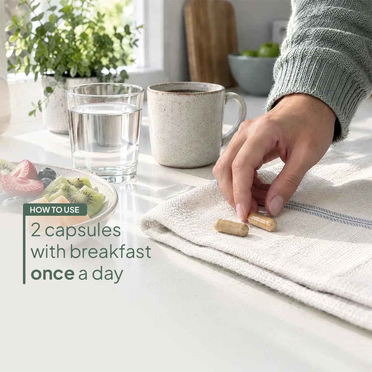 How to take Two capsules with breakfast, once a day