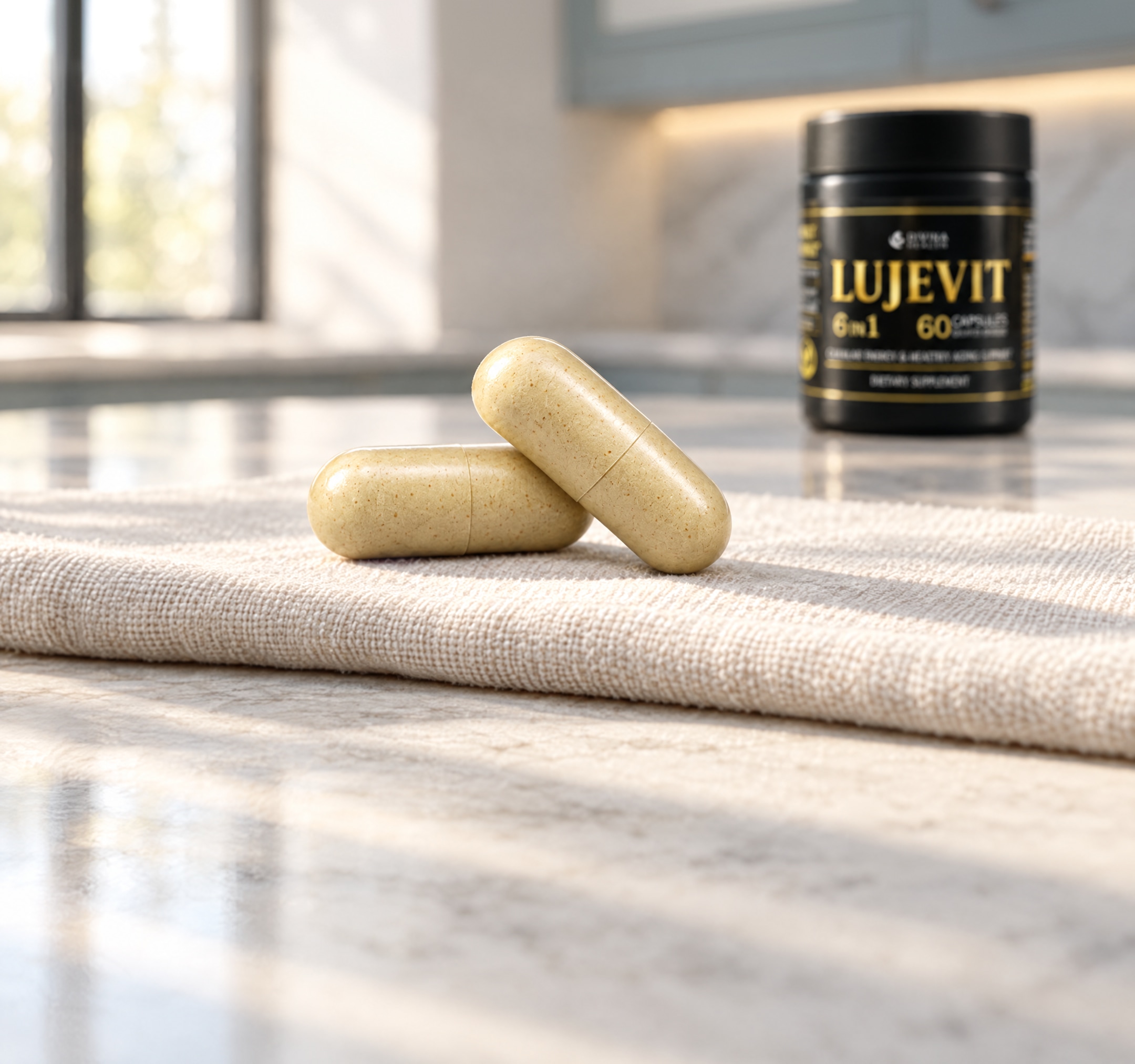 2 capsules Two Lujevit capsules beside the bottle on a breakfast table