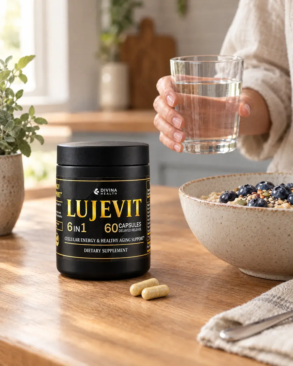 A glass of water and breakfast beside a jar of Lujevit