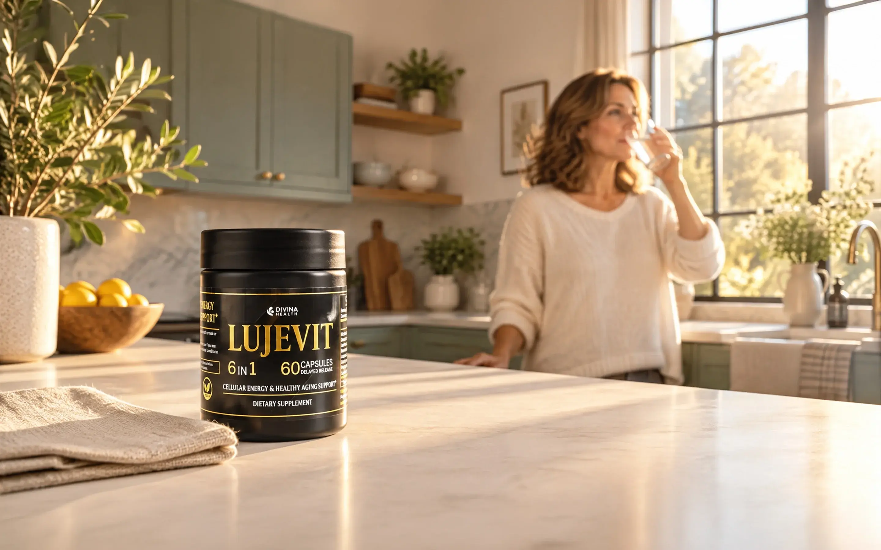 A jar of Lujevit on a kitchen counter while a woman drinks a glass of water in the morning