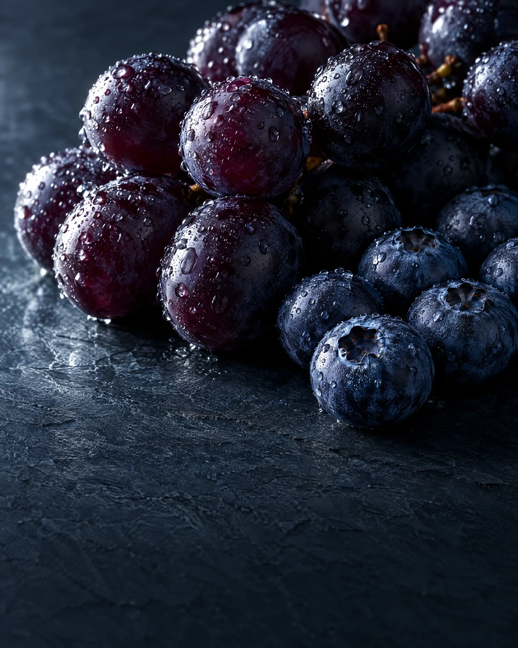 Antioxidant defense Dark grapes and blueberries covered in water droplets