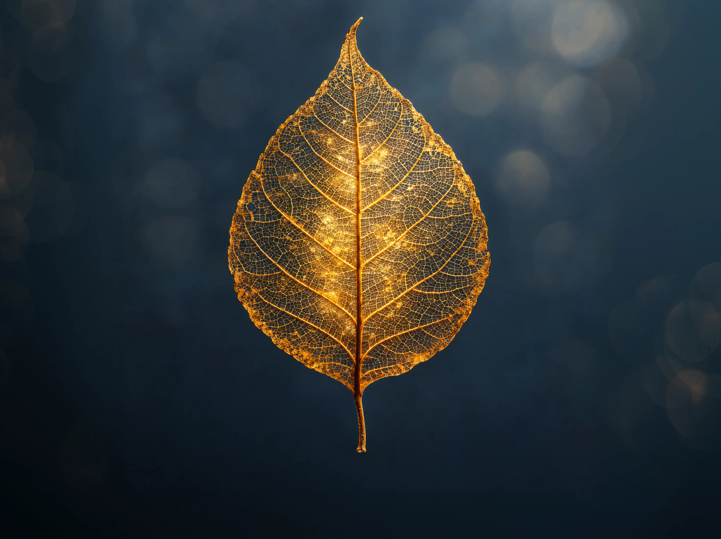 Mitochondrial function Golden leaf with delicate veins against a dark blue background