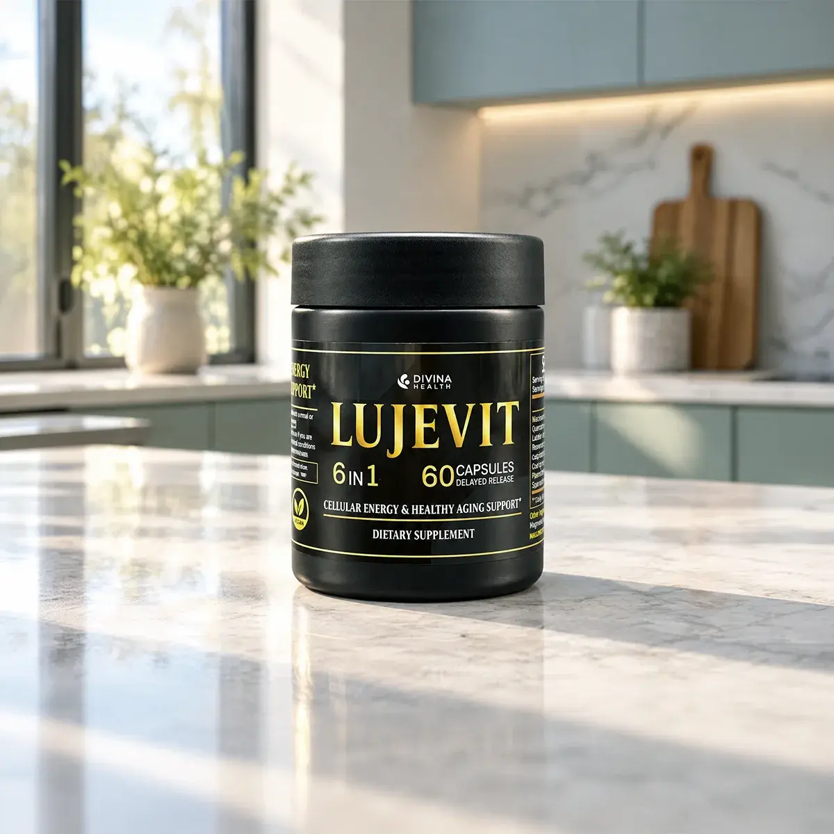 Lujevit 6-in-1 bottle on a sunlit kitchen counter