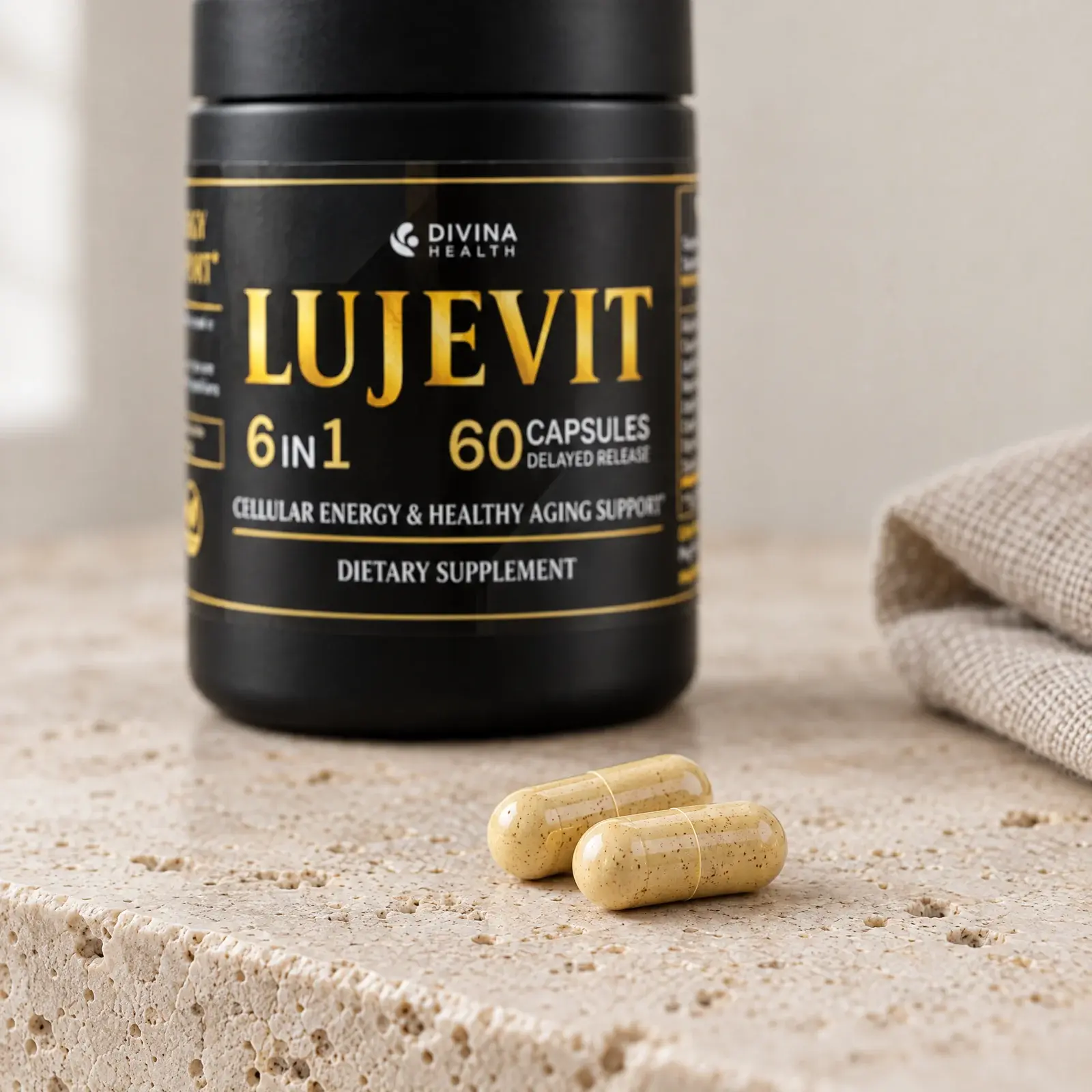 Two Lujevit capsules on stone in front of the jar