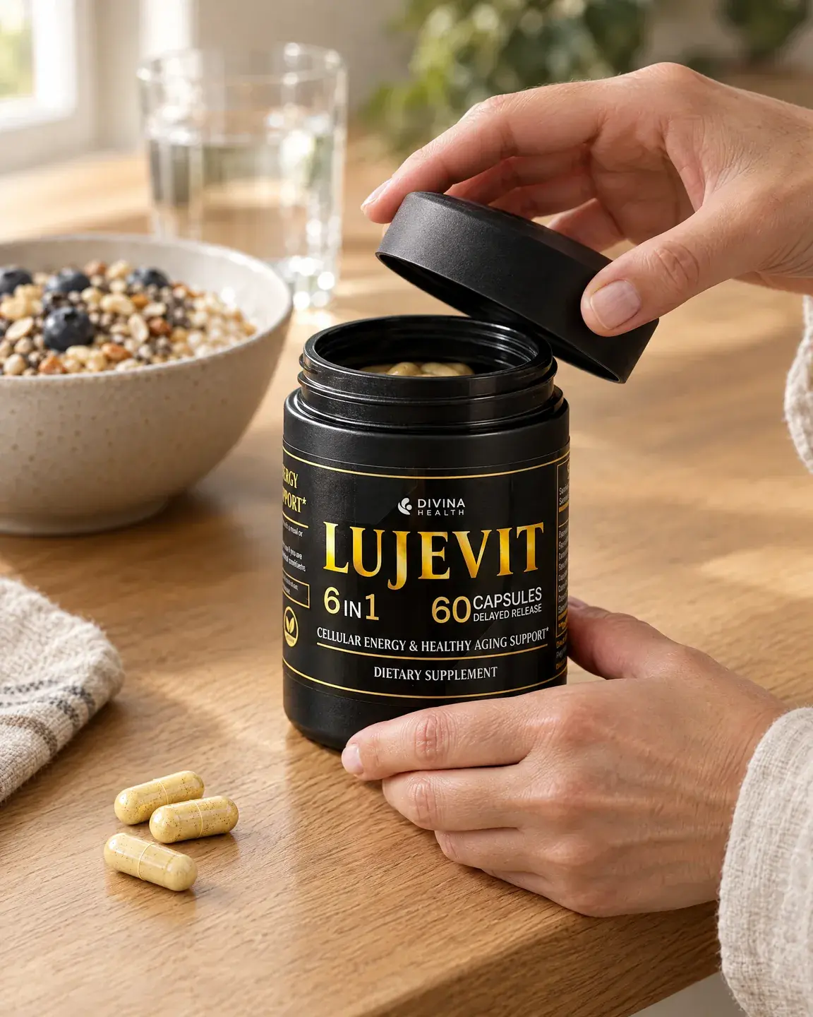 Opening a Lujevit bottle at the breakfast table