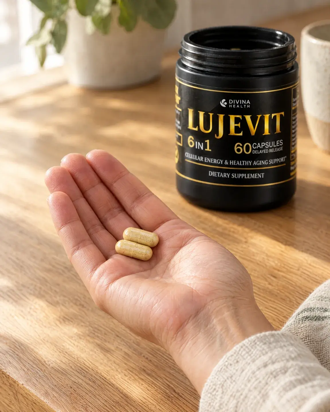 Two Lujevit capsules in an open palm in front of the jar