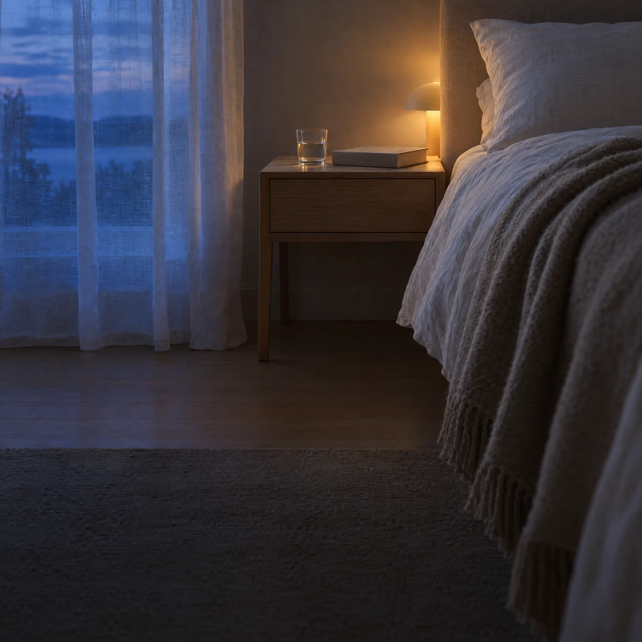 No stimulants A quiet bedroom with a warm bedside lamp at dusk