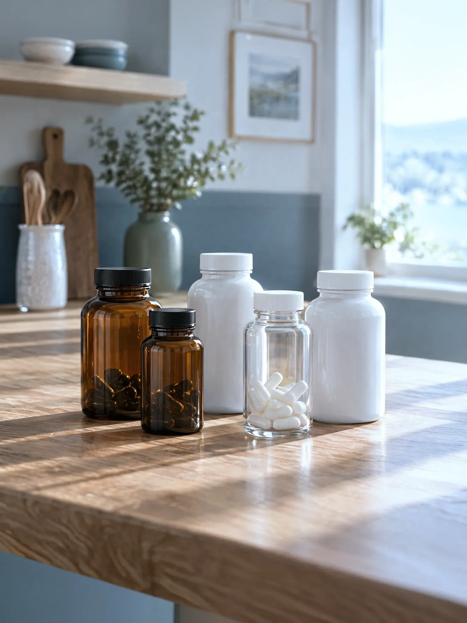 Daily supplements on a kitchen counter