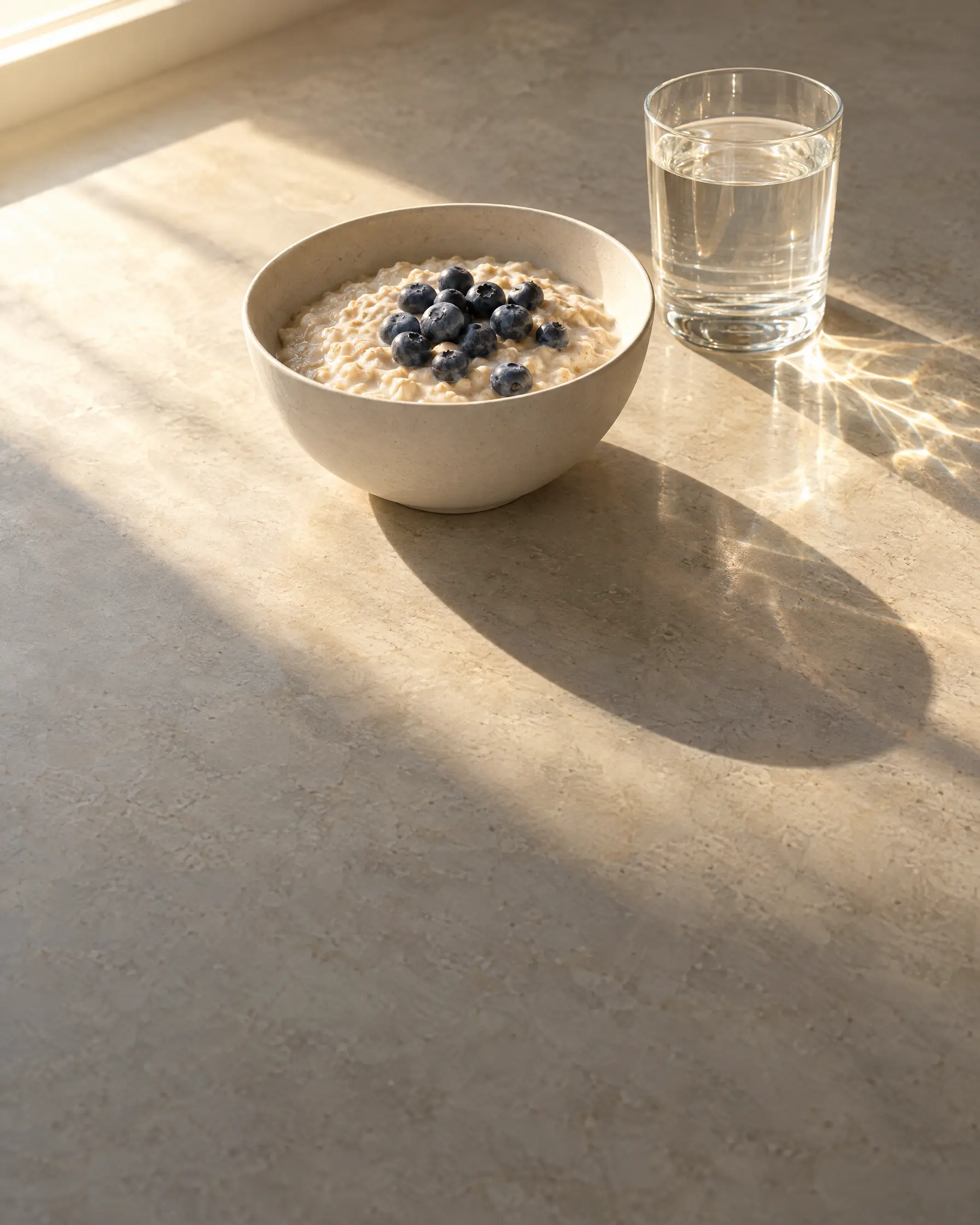 Cellular energy production Oatmeal with blueberries and a glass of water in morning sunlight