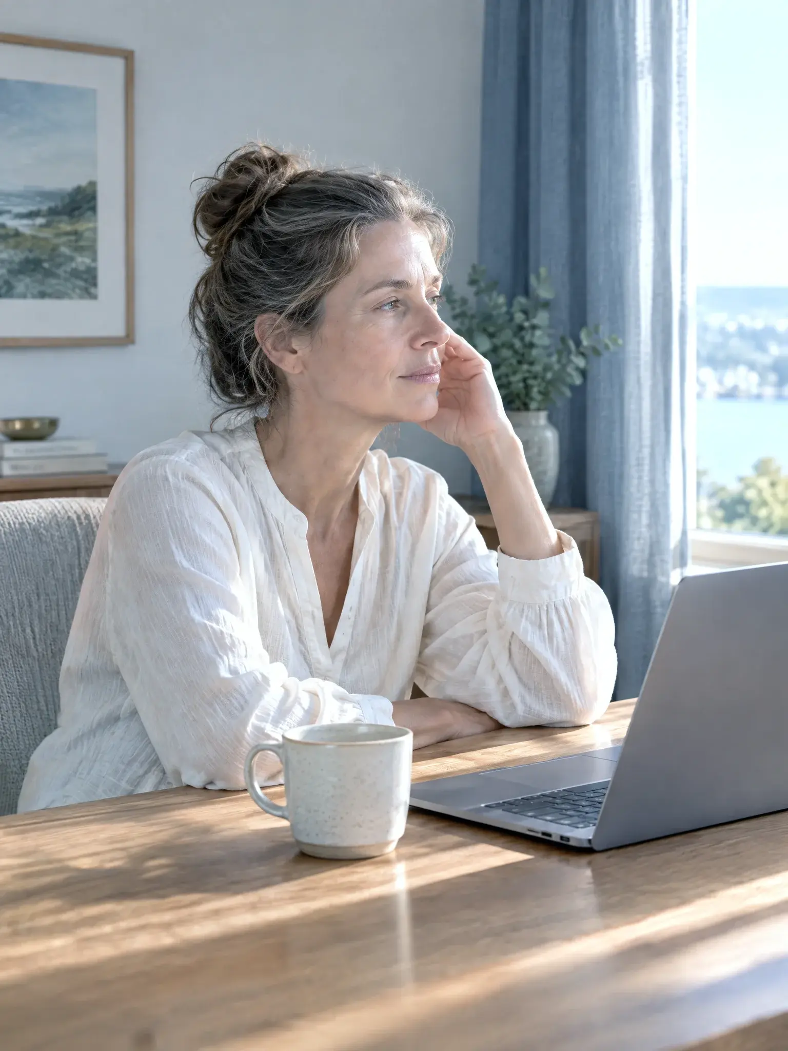 Woman taking an afternoon break at a table with a laptop and coffee