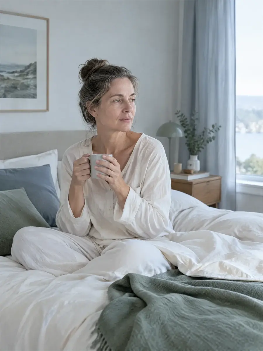 Woman with a cup of coffee by her bedroom window