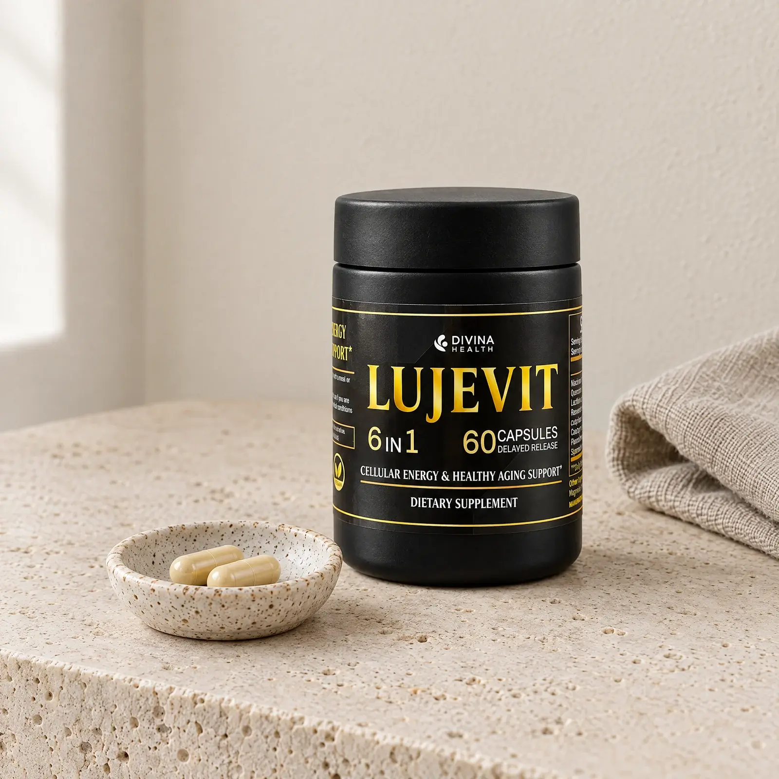A jar of Lujevit on a travertine shelf beside a dish with two capsules