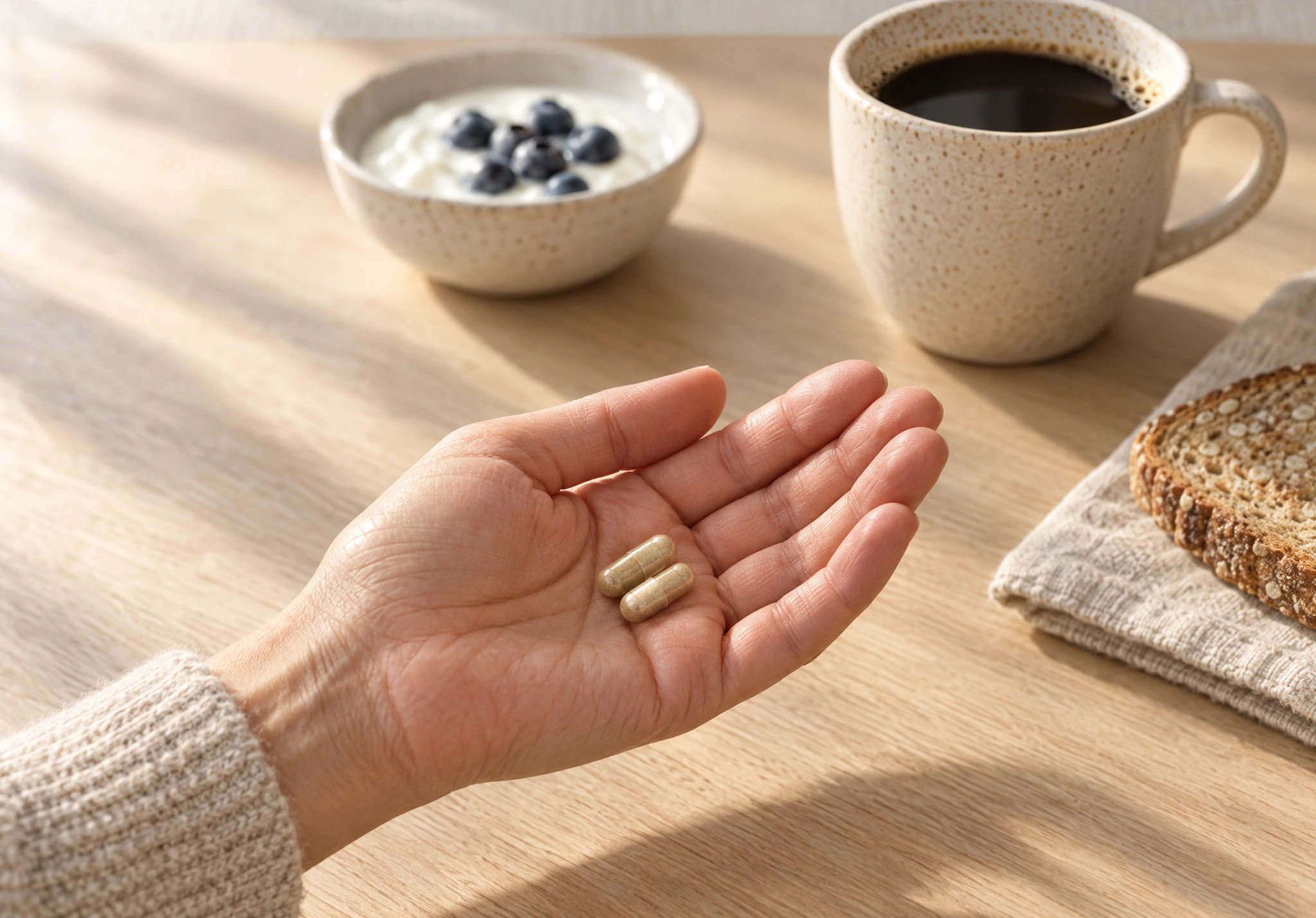 Two capsules in a hand beside breakfast and a cup of coffee